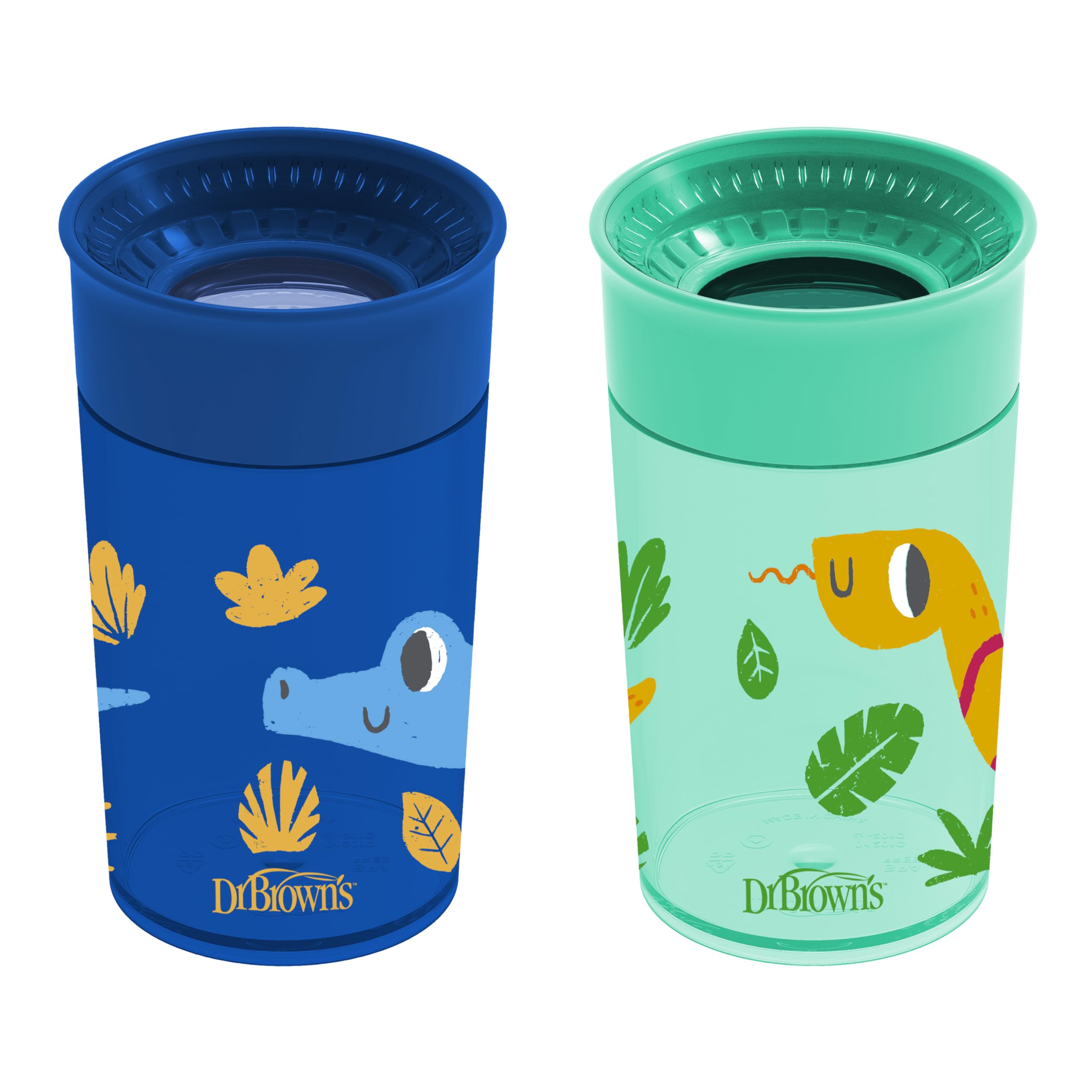 Dr. Brown's Milestones Cheers 360 Spoutless Transition Cup, Travel Friendly and Leak-Free Sippy, Blue/Green Animals, 10 oz/300 mL, BPA-Free, 9m+, 2-Pack
