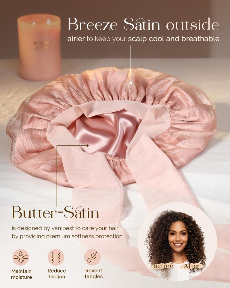 YANIBEST Breathable Soft Silk Bonnet for Sleeping, Breeze Satin Bonnet with Tie Band Hair Wrap Less Frizz Natural Curly Hair, Pink