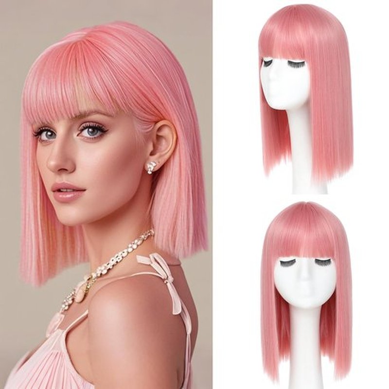 JSDshine Pink Bob Wig With Bangs - Heat Resistant 14Inch Synthetic Hair, Short Straight Shoulder Length Natural-Looking Cosplay Wig for Daily Use, Parties & Women Girls