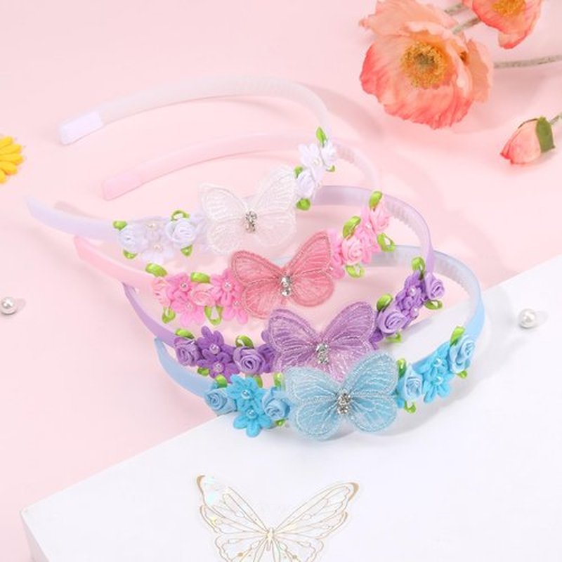 OAOLEER 4PCS Headband for Girls, Flower Headbands Floral Hair Bands Non Slip Hoops Accessories for Girls Toddlers Kids Teens Children(Butterfly Headbands, 1 Count (Pack of 4))