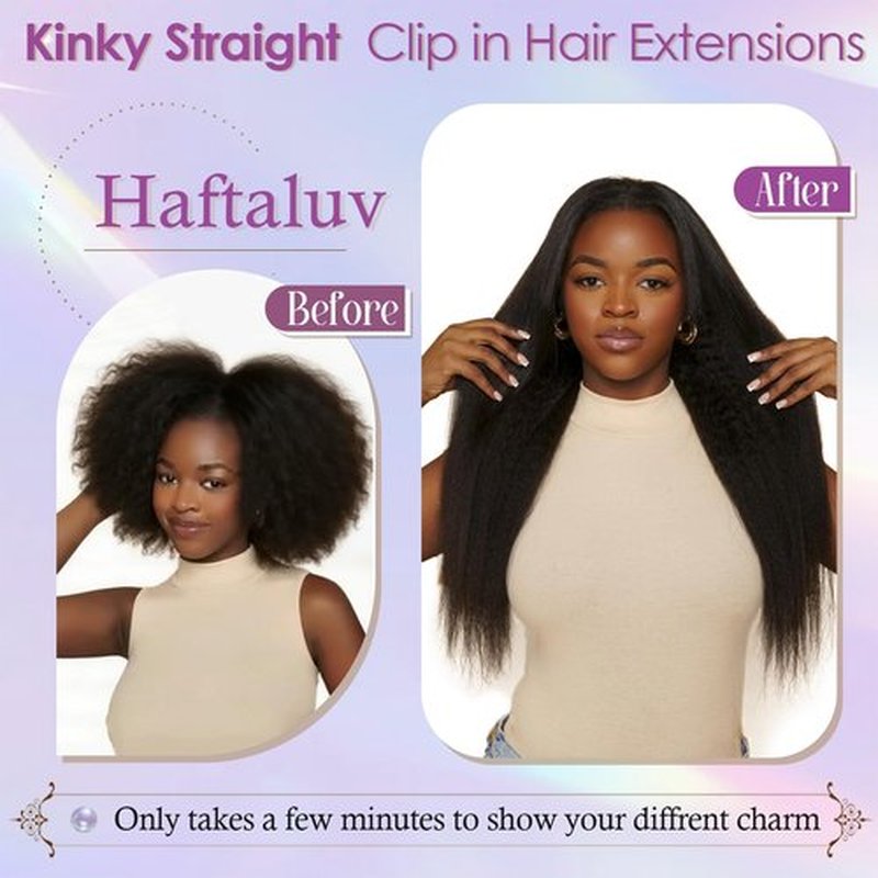 HAFTALUV Kinky Straight Clip in Hair Extensions 130g 6Pcs Protein Fiber Close to Human Hair Clip in for Black Women Full Head Double Weft 20inch 1B