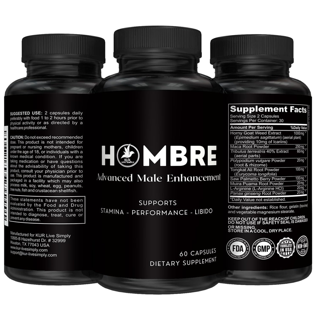 Hombre Male Enhancing Supplement – Add 2 in 60 Days With Our Enlargement Pills for Men Muscle Growth – Increase Size, Strength, Stamina – Endurance, Performance, Energy Booster - 60 Capsules