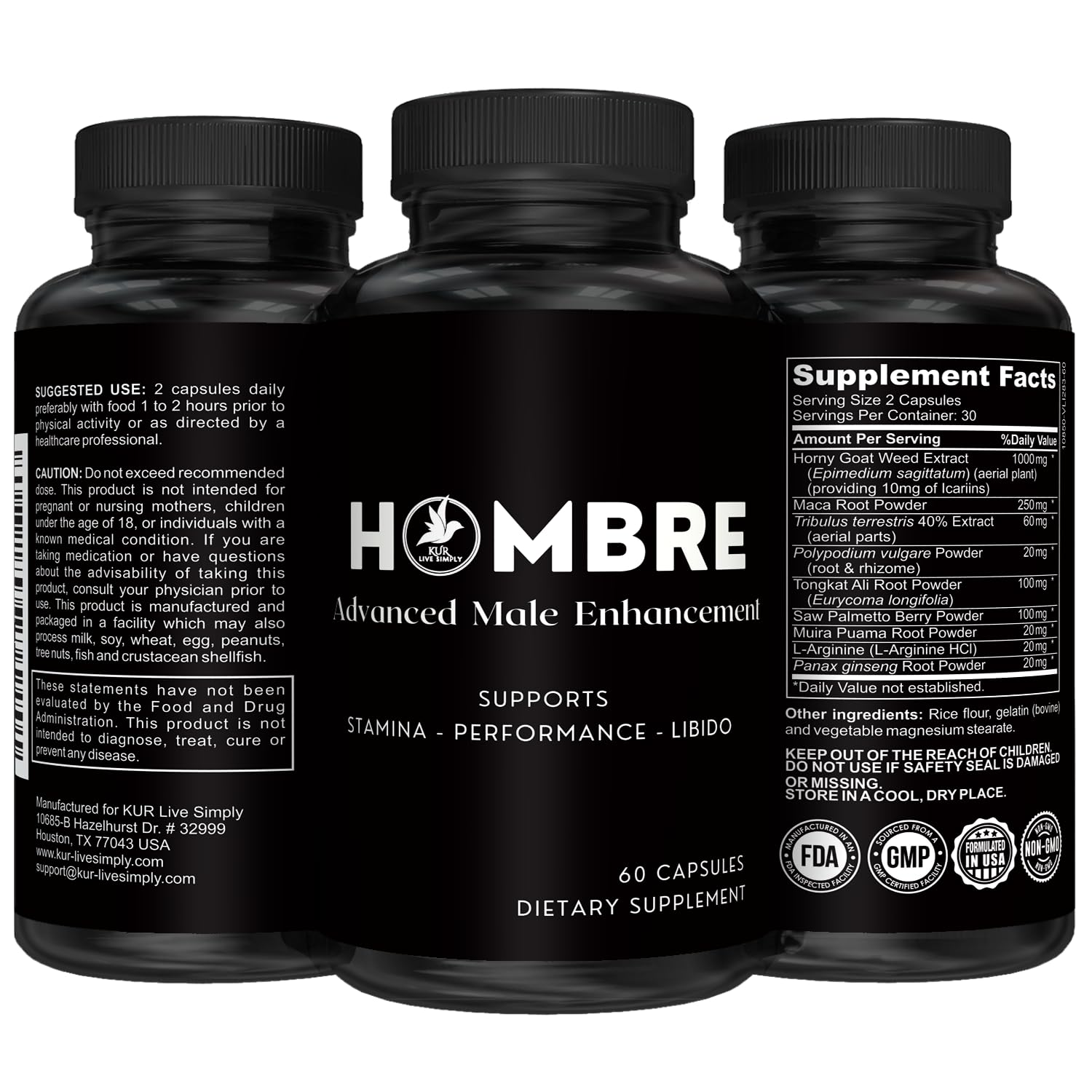Hombre Male Enhancing Supplement – Add 2 in 60 Days With Our Enlargement Pills for Men Muscle Growth – Increase Size, Strength, Stamina – Endurance, Performance, Energy Booster - 60 Capsules