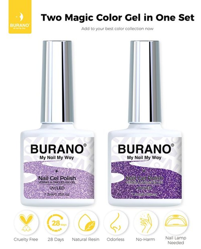 BURANO Reflective Glitter Gel Nail Polish, 2 Bottles UV Sparkle Nail Polish Purple Gel, 7.3ml Holographic Glitter Polish Curing Need for Nail Salon Home DIY S9 S14