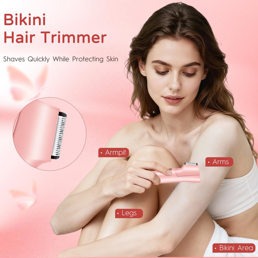 2-in-1 Electric Bikini Trimmer for Women, Dual Head Women’s Shaver & Razor, IPX7 Waterproof Cordless Hair Removal, Rechargeable Ceramic Blade Kit for Face Pubic Legs Underarm, Pink