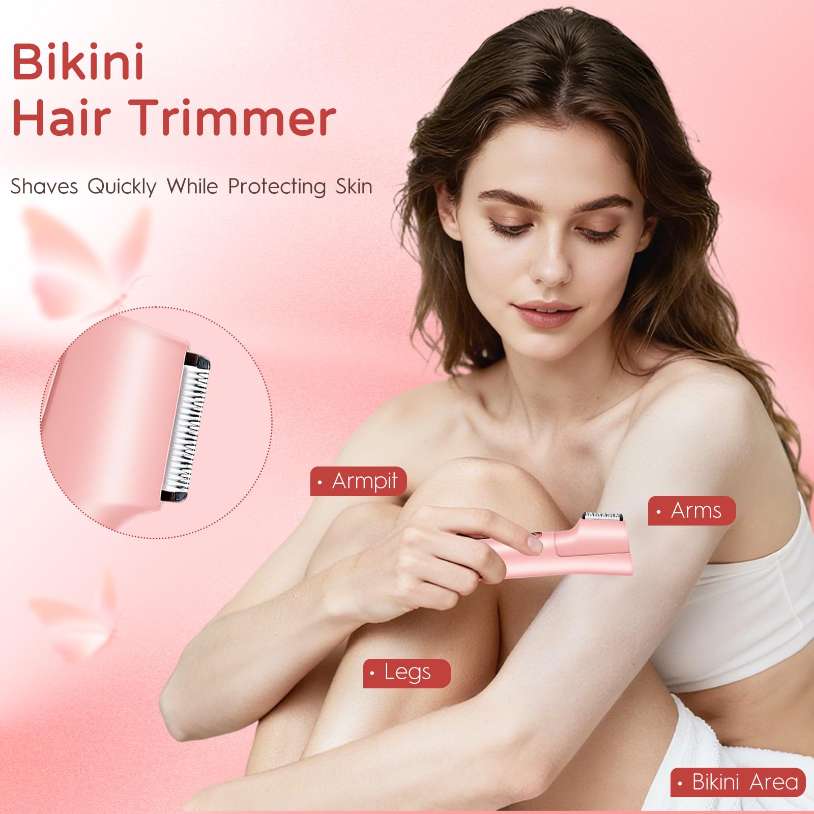 2-in-1 Electric Bikini Trimmer for Women, Dual Head Women’s Shaver & Razor, IPX7 Waterproof Cordless Hair Removal, Rechargeable Ceramic Blade Kit for Face Pubic Legs Underarm, Pink