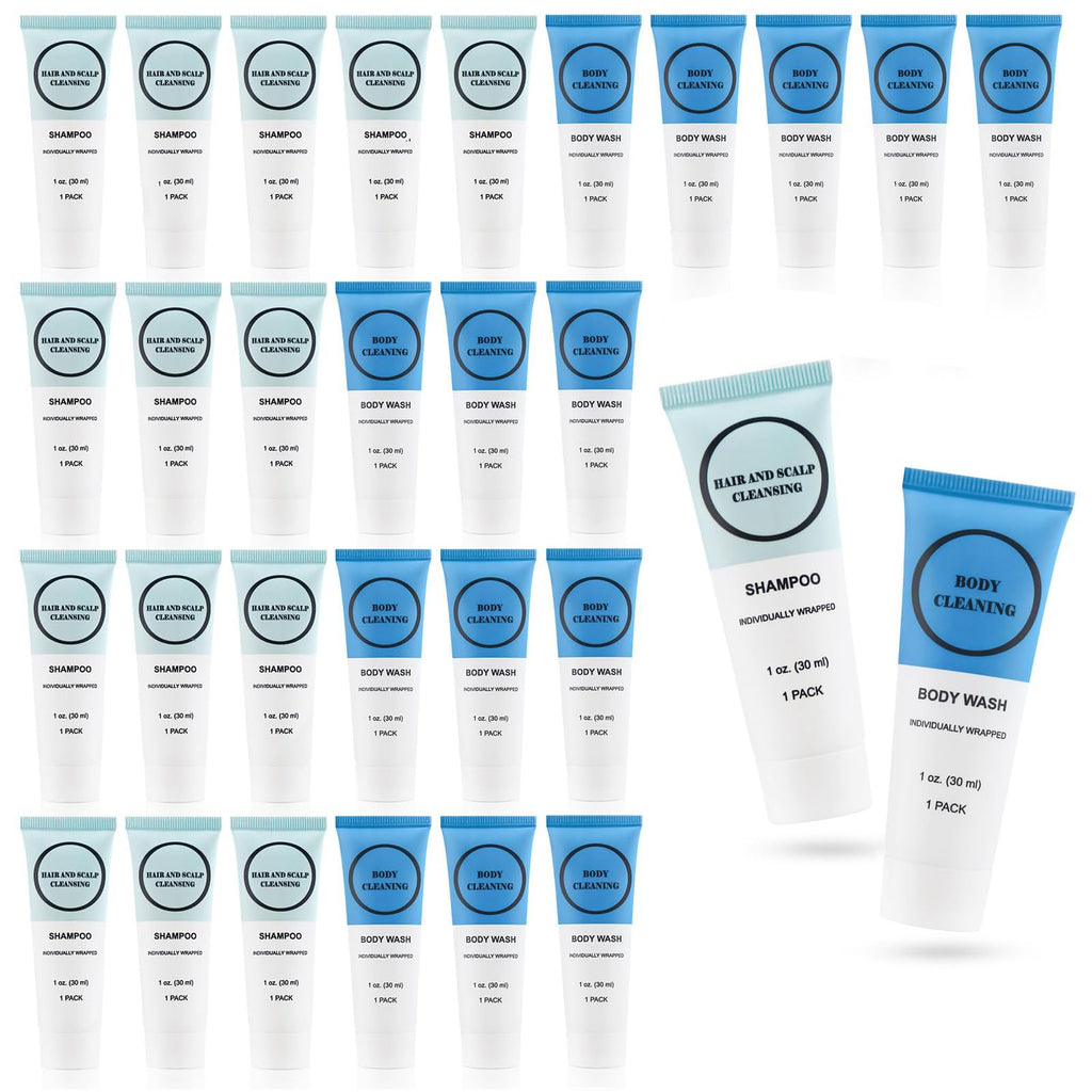 RSQAZQ Travel Size Shampoo and Body Wash Bulk, Individually Wrapped Hotel Mini Shower Gel and Small Men Women Cleansing Toiletries Amenities for Hotel/Vacation/Homeless 1 oz (3.7inch, Count, 20)
