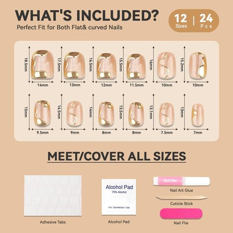 CUZIAM Gold Press on Nails Short Square – Soft Gel Nude Cat Eye Glitter Sparkle Fake False Nails with 3D Gold Lines Design for New Year Winter, Full Cover Stick on Nail with Glue for Women,24PCS
