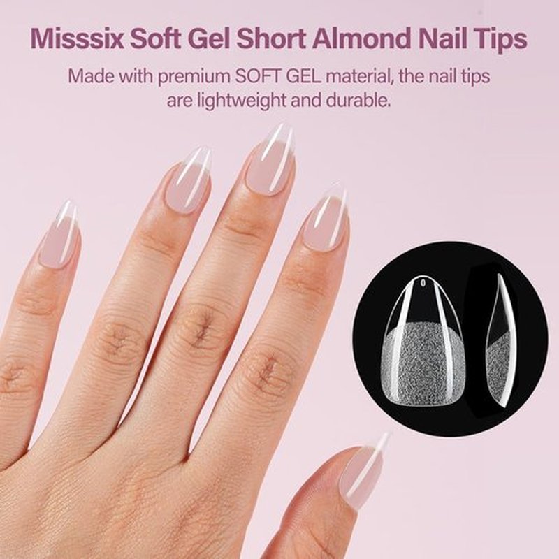 Misssix Short Almond Gel Nail Tips Kit, 360Pcs Pre Etched Clear gel x Fake Nails, Full Cover False Nail 9-in-1 Gel Glue and Portable Mini U V Nail Lamp for Women 12 Sizes