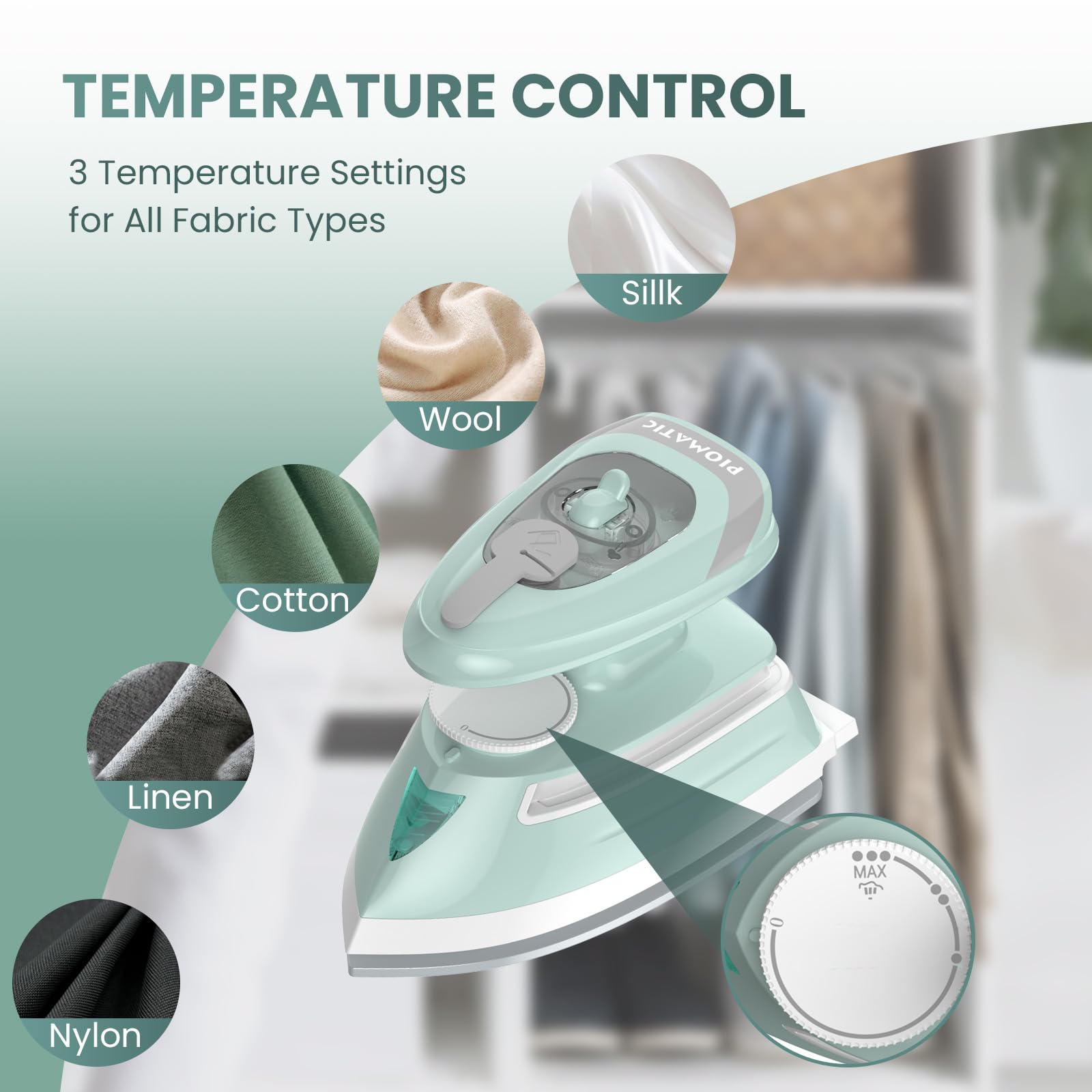 PIOMATIC Mini Travel Steam Iron for Clothes with Dual Voltage, Temperature Control, Non-Stick Soleplate and Cord Storage, Ideal for Sewing, Quilting and Handcraft