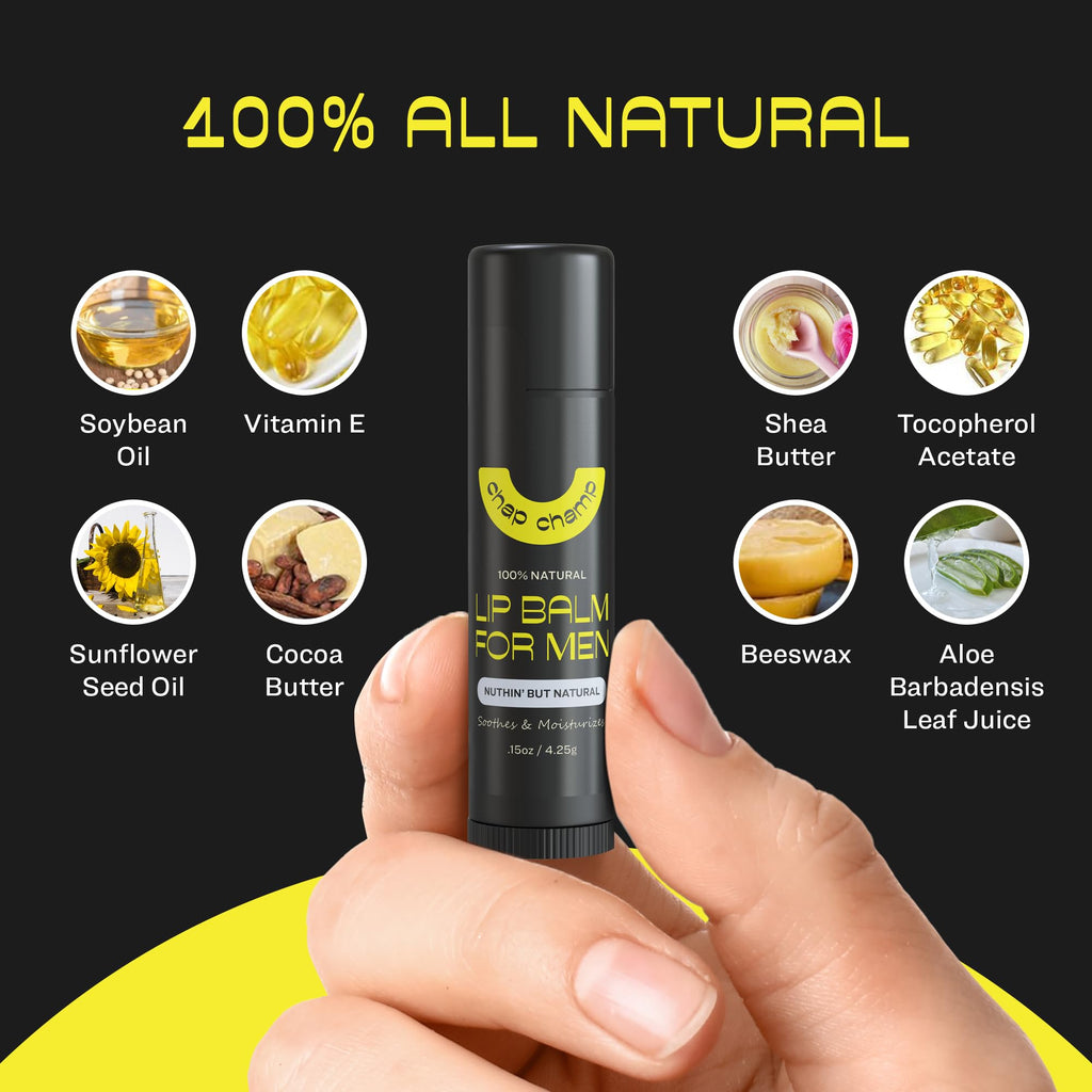 ChapChamp Lip Balm for Men - Mens Lip Balm Vitamin E and Beeswax - Chapstick for Men - Peppermint, Coconut & Vanilla - Made in the USA (All Natural, 6 Pack)