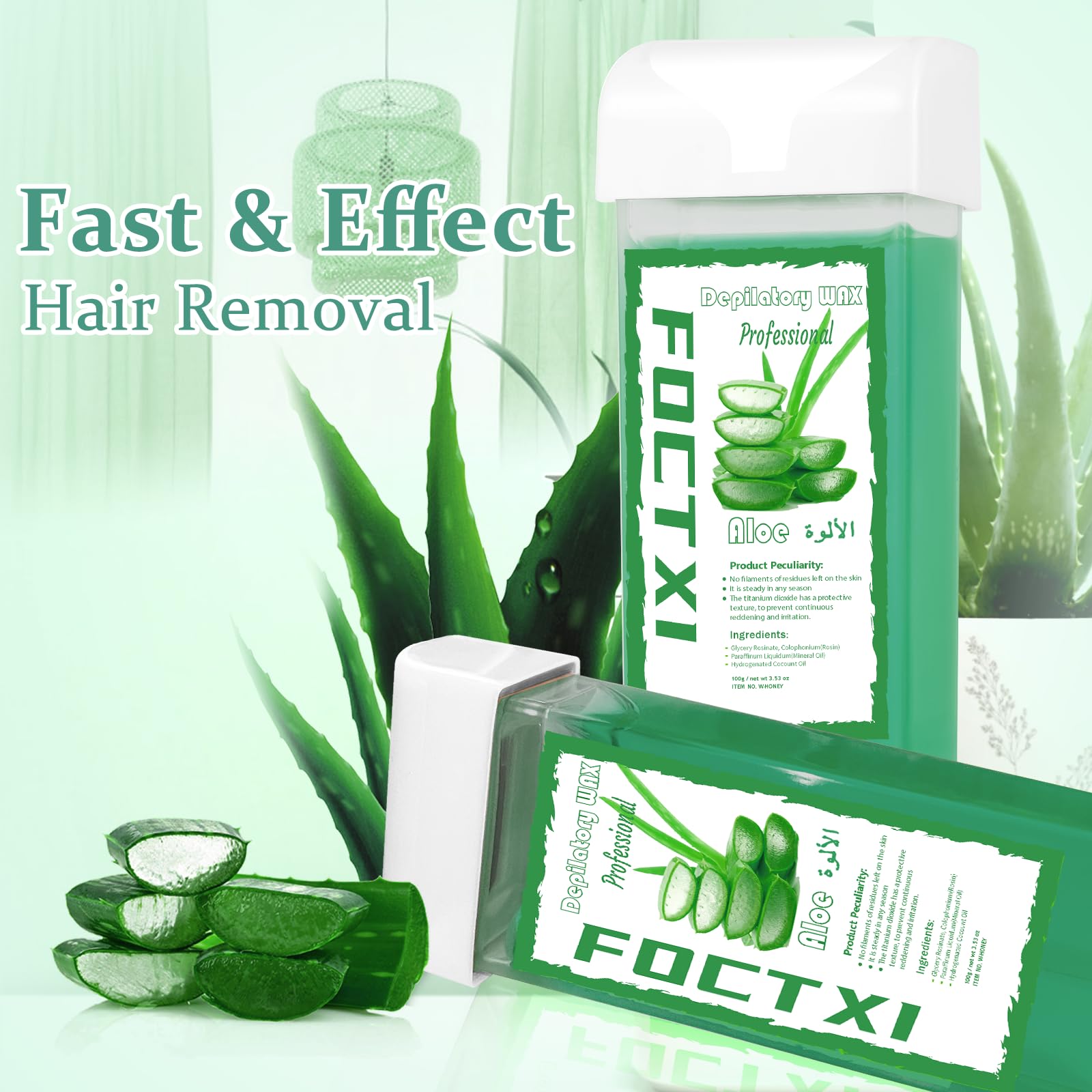FOCTXI Roll on Wax Cartridge, 4 Hair Removal Aloe Vera Ｗax Cartridge with 10 Pack Cleaning Oil Wipes, Depilatory Wax Roller Refill for Women Sensitive Skin