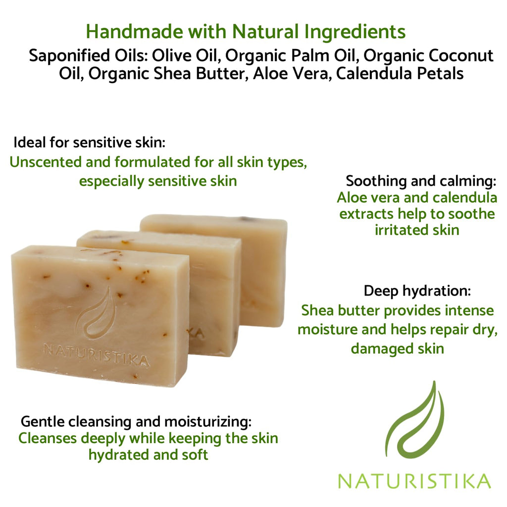 Naturistika Aloe and Calendula Soap Bar (3 Pack), Vegan and All Natural Handcrafted with Organic Oils. Face and Body Soap. For Men, Women and Teens. Unscented with Shea Butter.