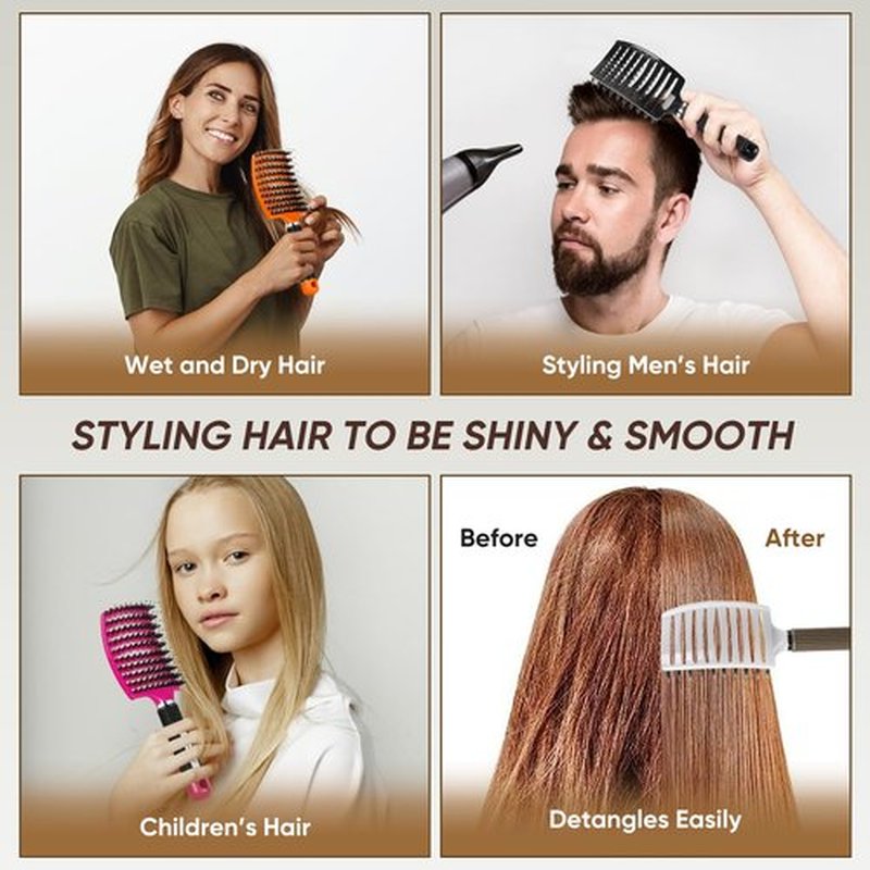 Kertiberif Boar Bristle Hair Brush 2PCS, Curved Vented Detangling Brush for Wet and Dry Hair, Styling Paddle Hairbrush for Women Men Kids Curly Straight Thick Long or Short Hair