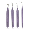MK Queens Lash Tweezers - Stainless Steel Fiber Tip Eyelash Tweezers (Set of 4) - Diamond Grip Professional Lash Tweezers for Eyelash Extensions (Purple)