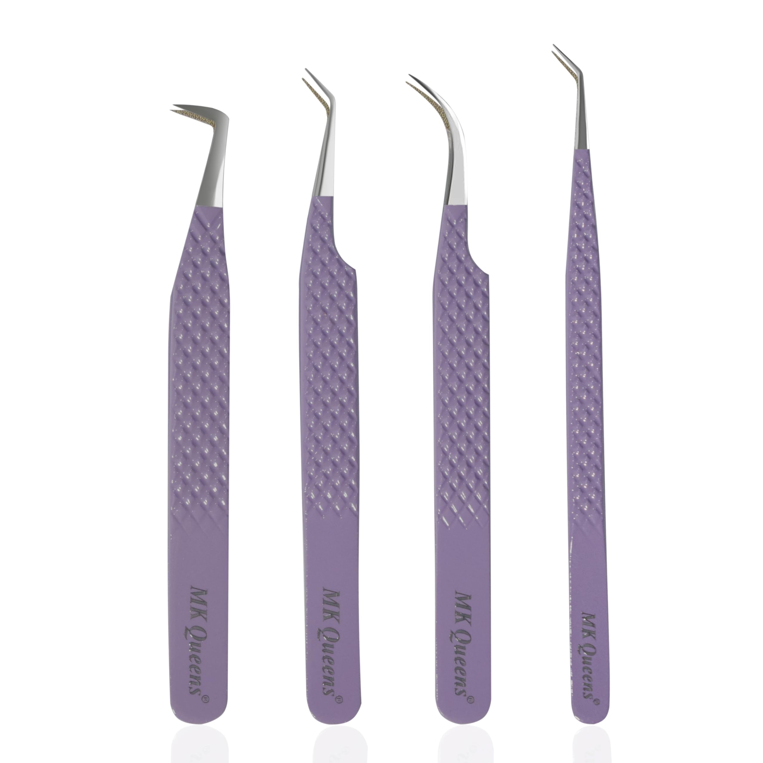 MK Queens Lash Tweezers - Stainless Steel Fiber Tip Eyelash Tweezers (Set of 4) - Diamond Grip Professional Lash Tweezers for Eyelash Extensions (Purple)