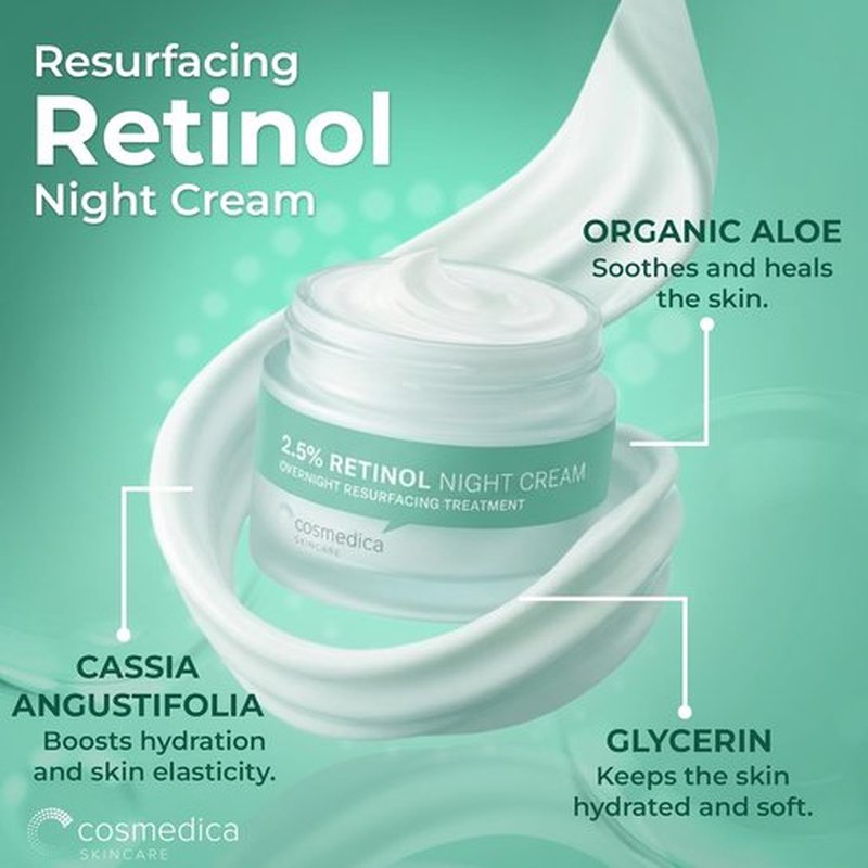 Cosmedica Skincare Retinol Night Cream - Anti-Aging Moisturizer with Hyaluronic Acid | 1.7 oz for Wrinkle Repair