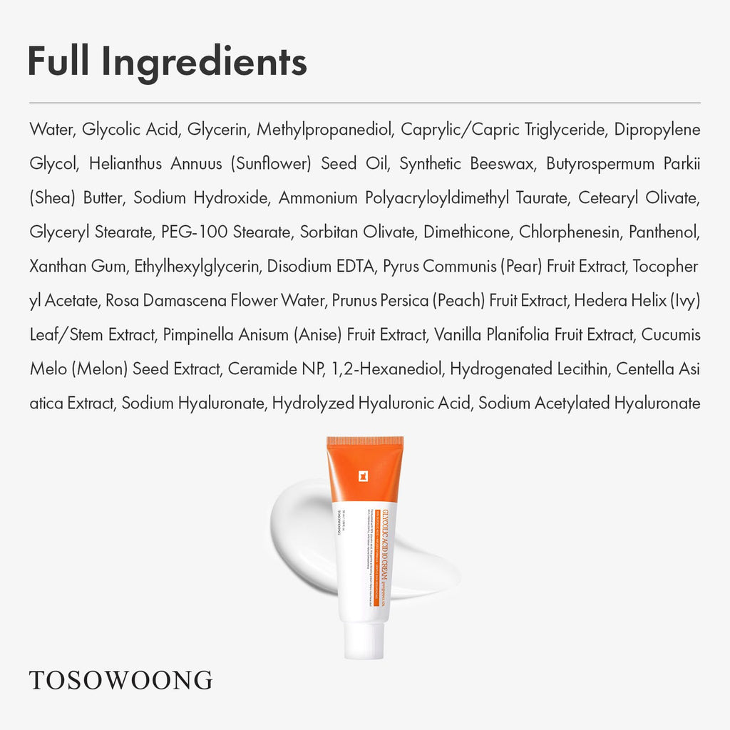TOSOWOONG Glycolic Acid 10% Cream, AHA Exfoliator, Skin Smoothing Cream for Bumpy Skin, Dark Spot, Wrinkles, Fine Lines with Panthenol, Hyaluronic Acid, Glass Skin, Korean Skincare, 50 ml/1.69 fl. oz.