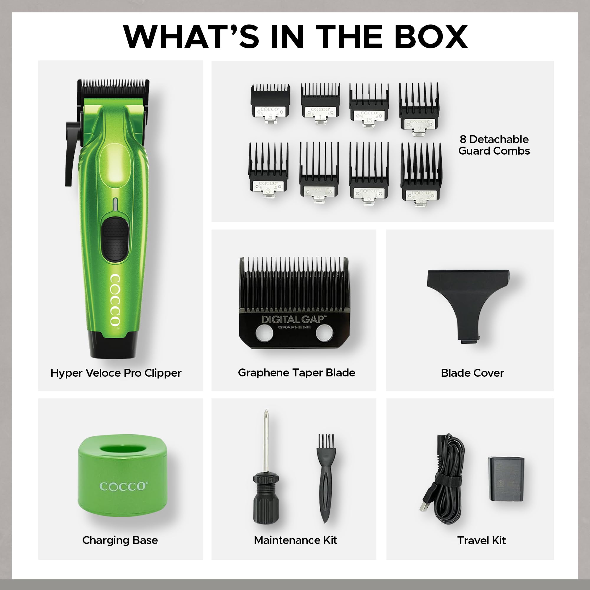 Cocco Hyper Veloce Pro Clipper, Digital Gap Ambassador Graphene Taper Blade Professional Hair Clippers, High-Torque BLDC Motor, All-Metal, Cordless, Charging Station Included (Green)