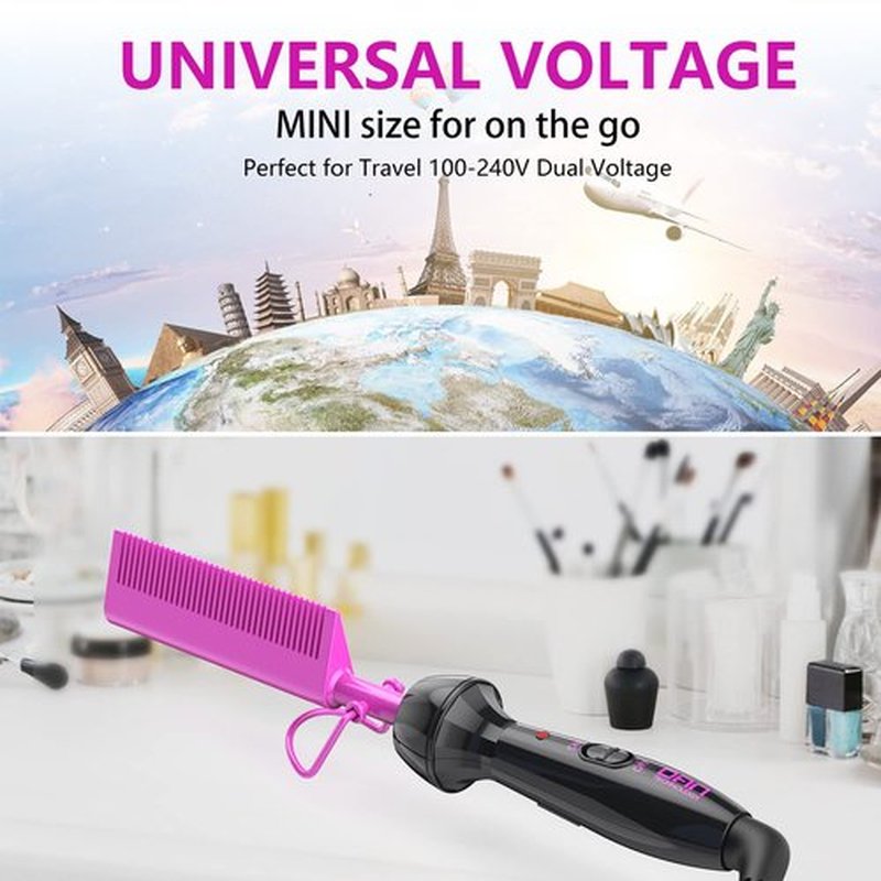 Dan Technology Mini Hot Pressing Comb 450℉ Dual Voltage Electric Straightener for Wigs and Natural Black Hair - Travel & Home Use