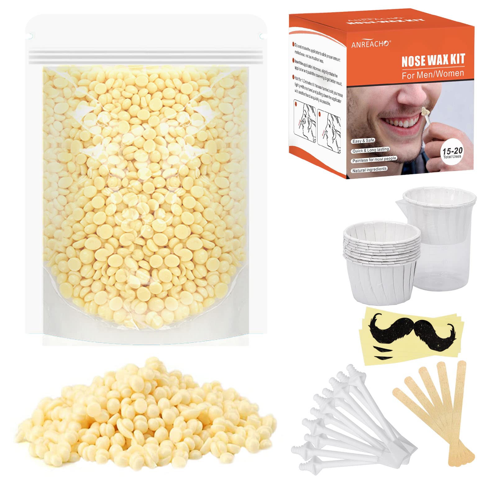 ANREACHO Nose & Ear Hair Wax Kit for Men & Women, 100g Wax with 20 Applicators, Safe Home Grooming Solution for Painless 15-20 Time Usage