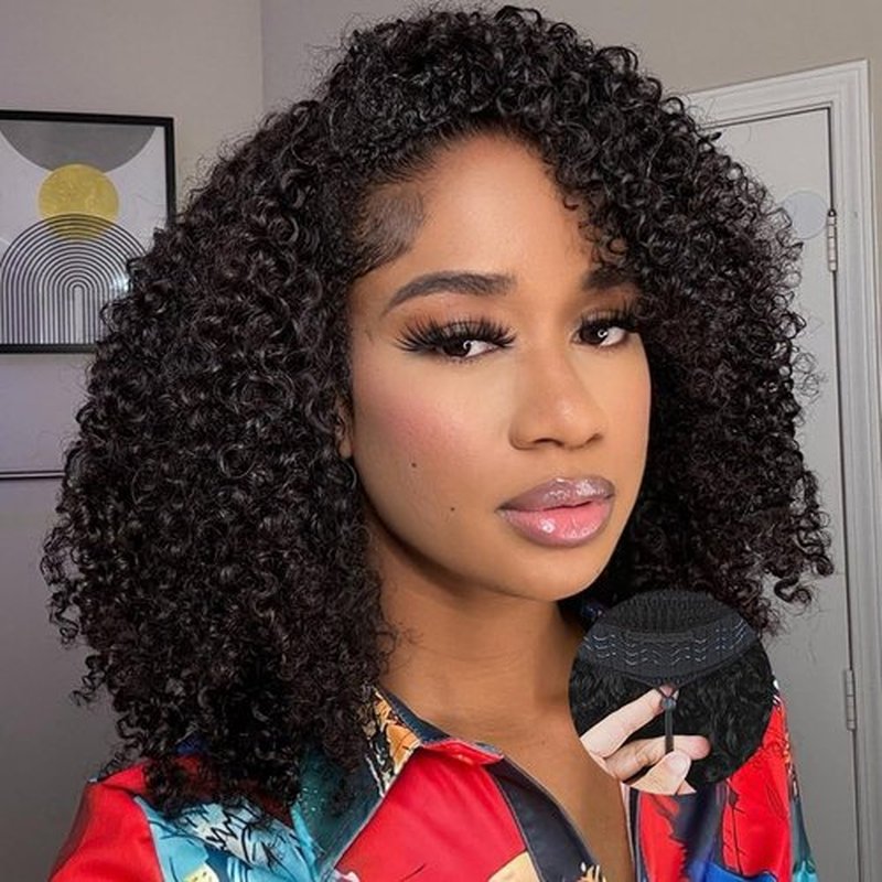 Fuduete 16 Inch Curly Half Wig Human Hair 200% Density Glueless Wigs Upgrade 3 IN 1 Half Wig With Drawstring Seamless Clip Ins Flip Over Kinky Curly Human Hair No Glue No Lace For Women