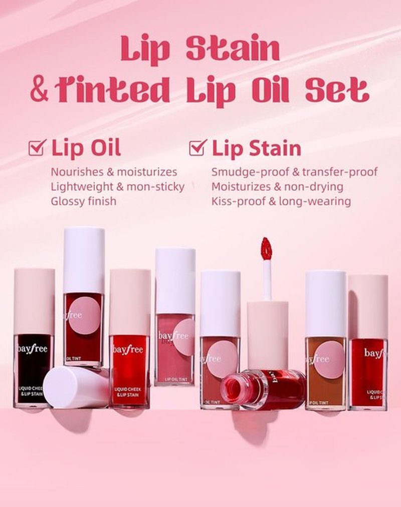 Bayfree Tinted Lip Oil & Stain Set - Waterproof, Long-Wearing Korean Makeup | High-Shine, Moisturizing 2-in-1 Tint for Dry Lips, Vegan & Cruelty-Free
