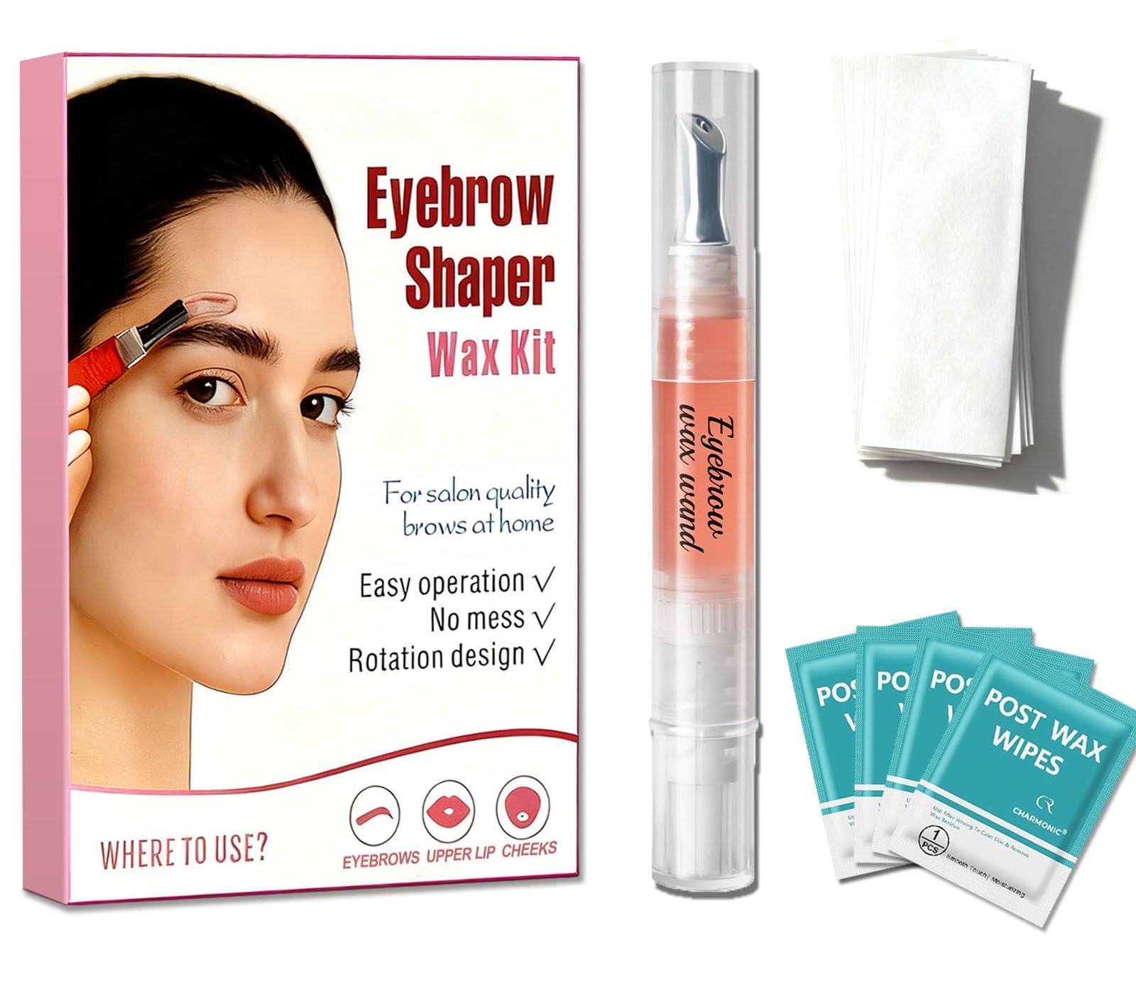 Eyebrow Wax Kit, Eyebrow Shaper Pen, Sugar Wax Wand, Facial Hair Removal for Eyebrow, Upper Lip, Cheek, and Moustache at Home with 50 Cotton Strips and 6 Calming Wipes for All Skin Types for Women