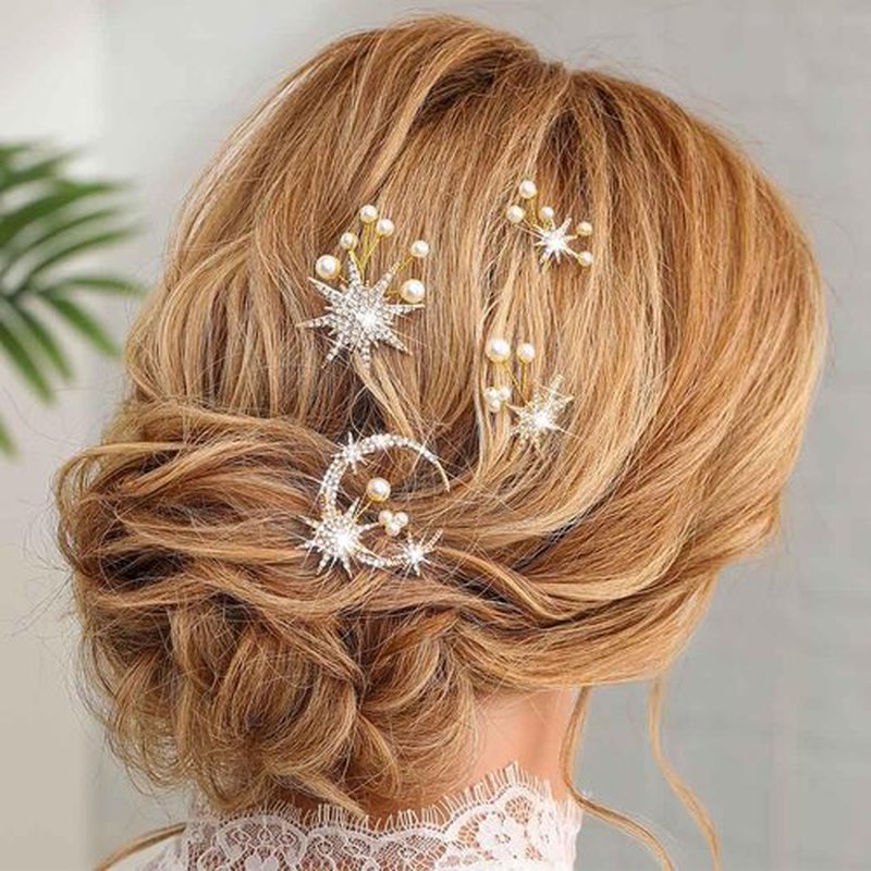 BARTOSI Moon Star Wedding Hair Clips Gold Rhinestone Hair Pins Bridal Hair Pieces Goddess Hair Accessories for Women and Girls (Pack of 4)