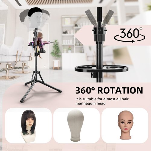EBLIKI Wig Head Stand Tripod - Reinforced Mannequin Stand, Adjustable Height 31" - 57" Wig Stand for Styling, Cosmetology Hairdressing Training with Wig Caps, T-Pins Hair Clips