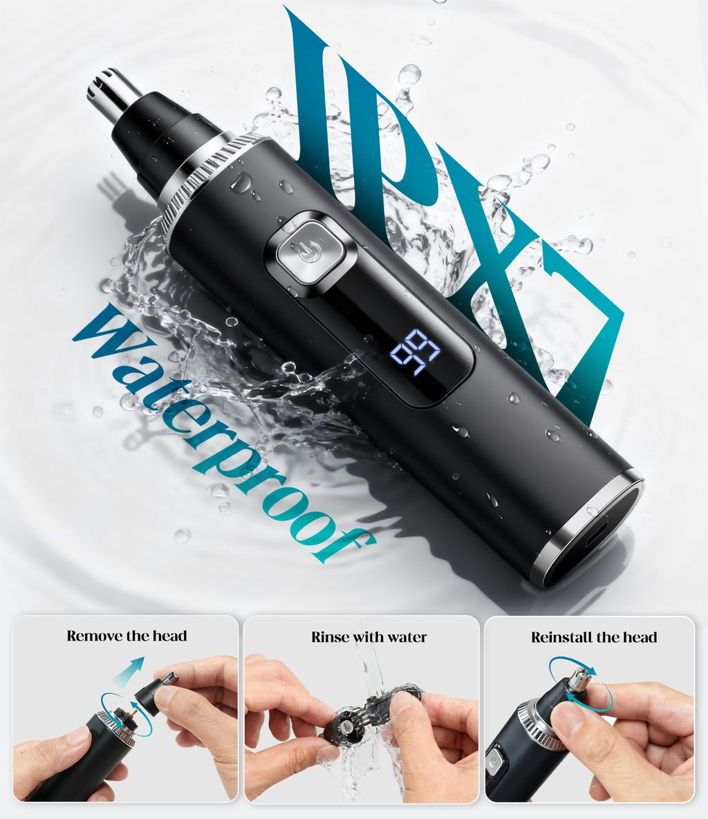 Apetexo Nose Hair Trimmer for Men and Women, Type-C Rechargeable Precision Groomer with Double-Edged Blades, Painless & IPX7 Waterproof Design for Nose, Ears, Eyebrows and Facial Hair - Black