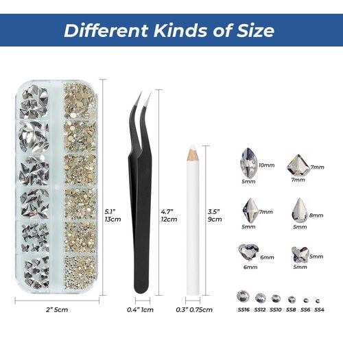 MAEXUS Nail Art Rhinestones, Nail Gems Flat Back with Tweezers and Drill Pen for Nail Art Craft, Face Make-up, Home DIY and Professional Use (580 Pcs, White)