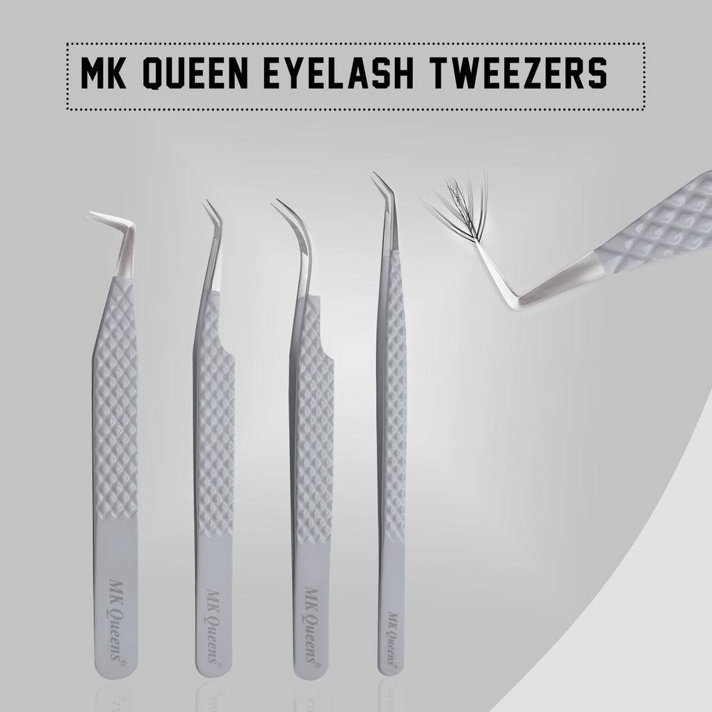 MK Queens Lash Tweezers - Stainless Steel Fiber Tip Eyelash Tweezers (Set of 4) - Diamond Grip Professional Lash Tweezers for Eyelash Extensions (Grey)