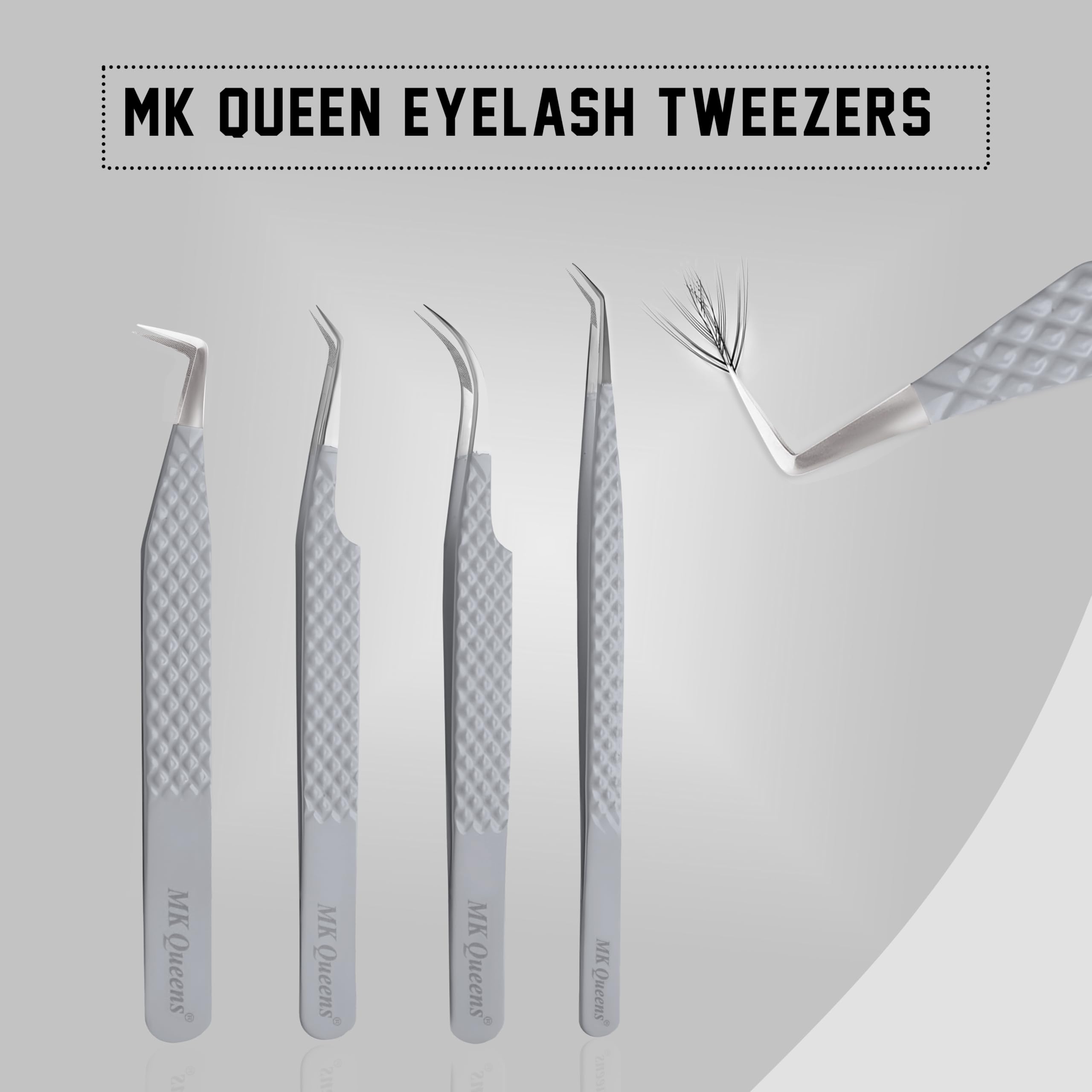 MK Queens Lash Tweezers - Stainless Steel Fiber Tip Eyelash Tweezers (Set of 4) - Diamond Grip Professional Lash Tweezers for Eyelash Extensions (Grey)