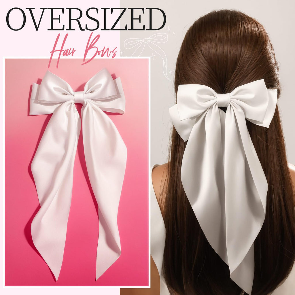 YGDZ 16PCS White Oversized Silky Satin Hair Bows Set, Ribbon Bows with Scrunchies for Women & Girls, Christmas Stuffers Xmas Gift, White Hair Accessories for Christmas & Wedding
