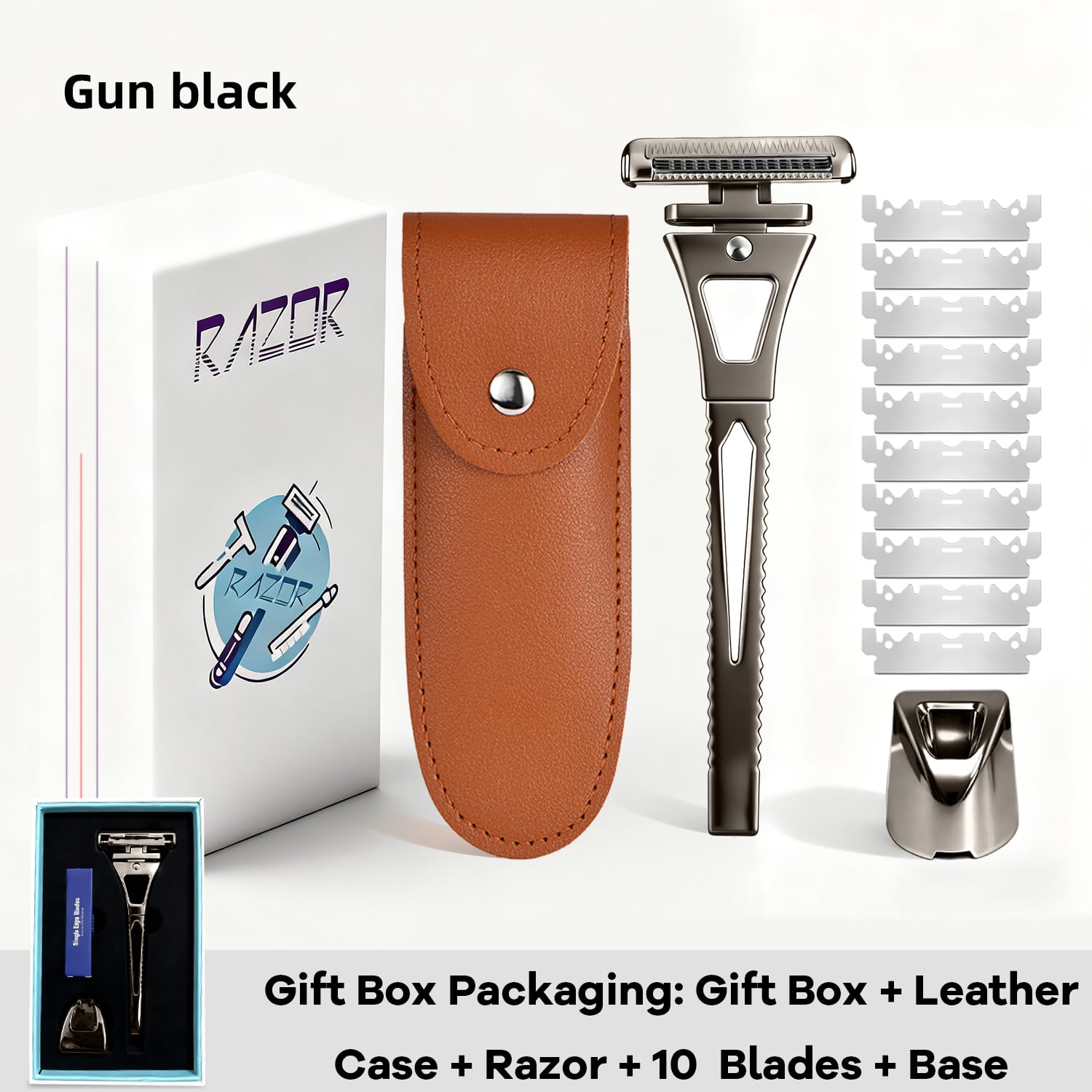 4-Layer Half-Blade Safety Razor- Flexible Head & Alloy Handle, with 10 Coated Blades, Leather Travel Case & Metal Stand - For Face and Body Shaving (Black)