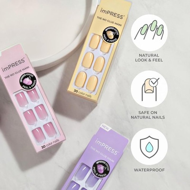 KISS imPRESS Press-On Nails - No Glue, 'Sandbox' Pink, Short Squoval Shape, 30 Nails Included