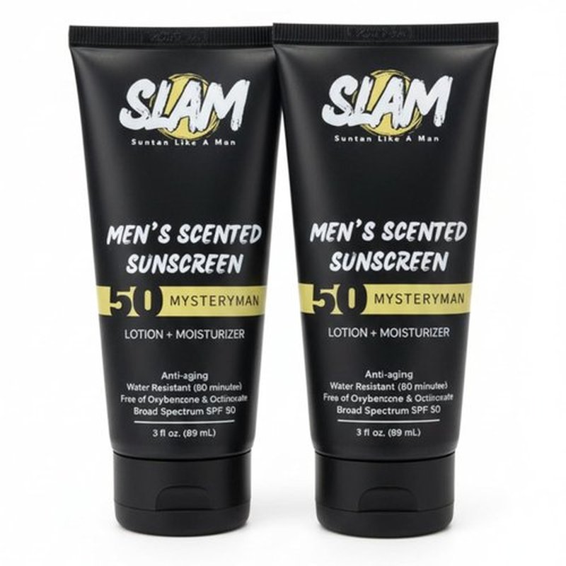 SLAM MysteryMan Men's Sunscreen Lotion SPF 50 - Moisturizing Face & Body Sunblock, Water-Resistant, Anti-Aging | 3 fl oz Double Pack