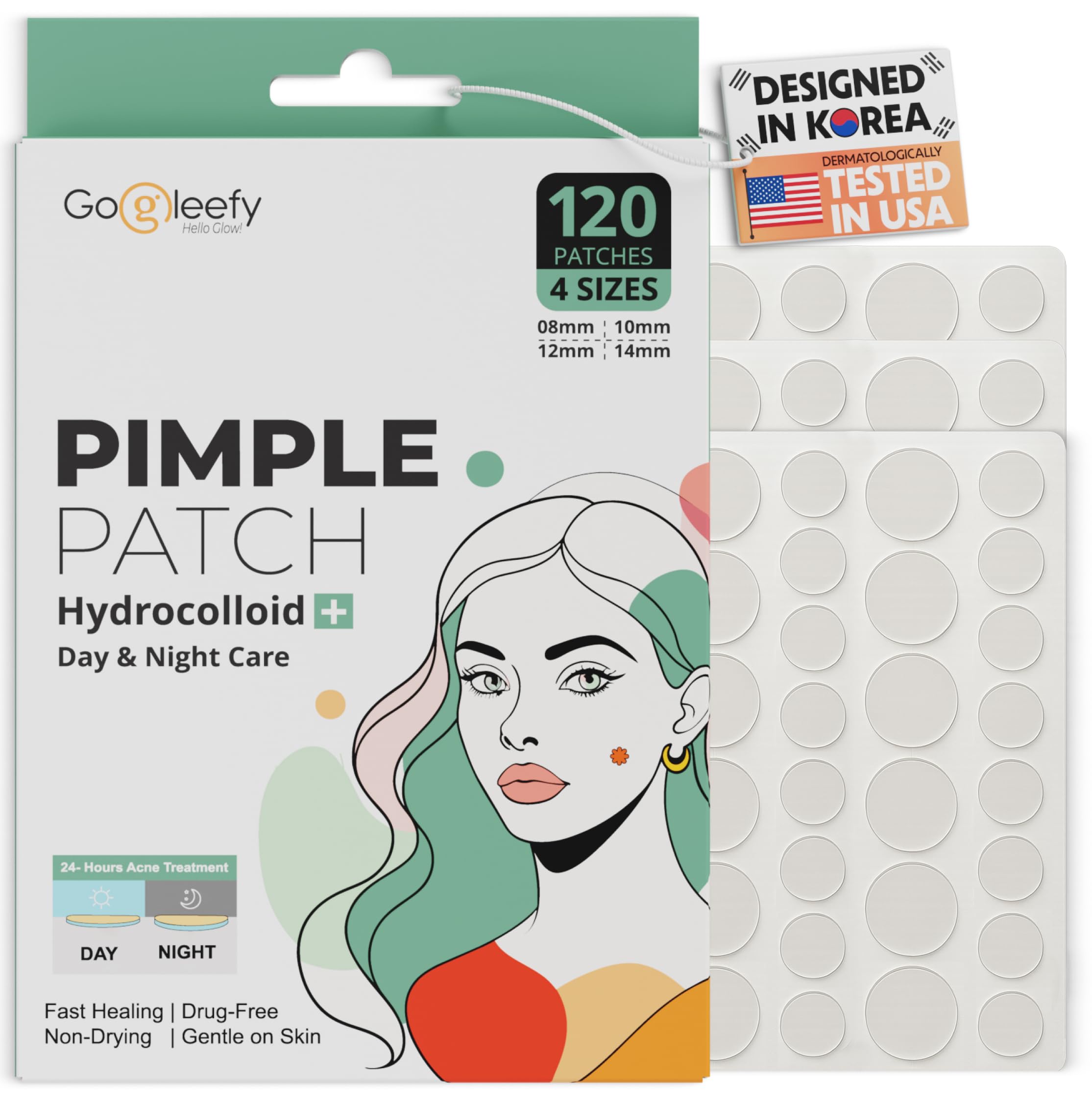 GoGleefy Pimple Patches for Face – Day & Night Acne Patches for Fast Healing, Skin Clarity – Invisible Hydrocolloid Patches, Waterproof Spot Treatment – All Skin Types Zit Patches of 60/120/180