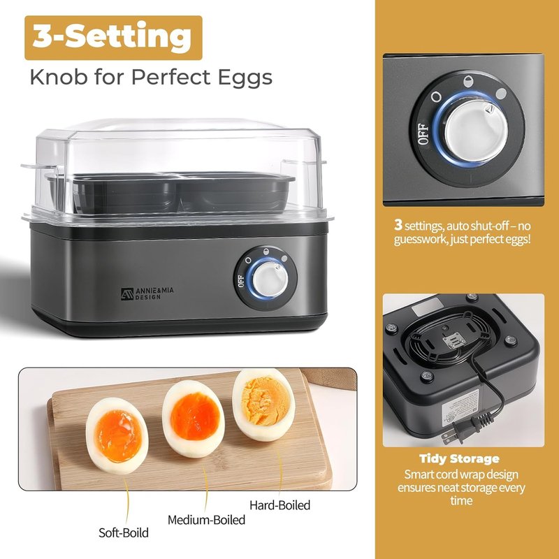 Annie & Mia Design Stainless Steel Electric Egg Cooker - 8 Egg Capacity, 500W, Auto Shut-Off & Recipe Guide (Black)