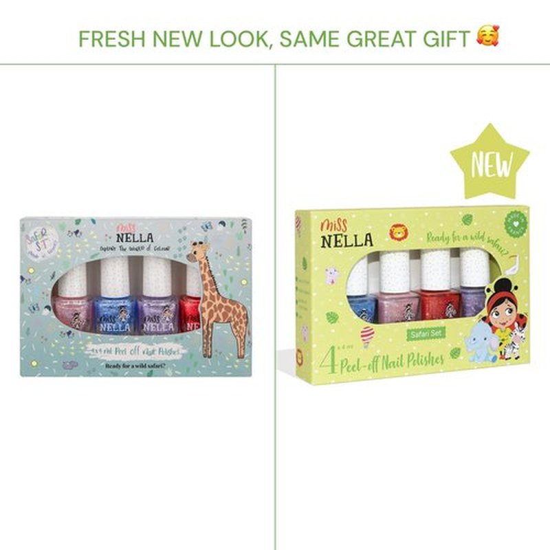 MISS NELLA SAFARI COLLECTION Glitter Nail Polish for kids, set of 4 glitter varnishes: pink, red, purple & blue, Peel- Off varnish for toddlers
