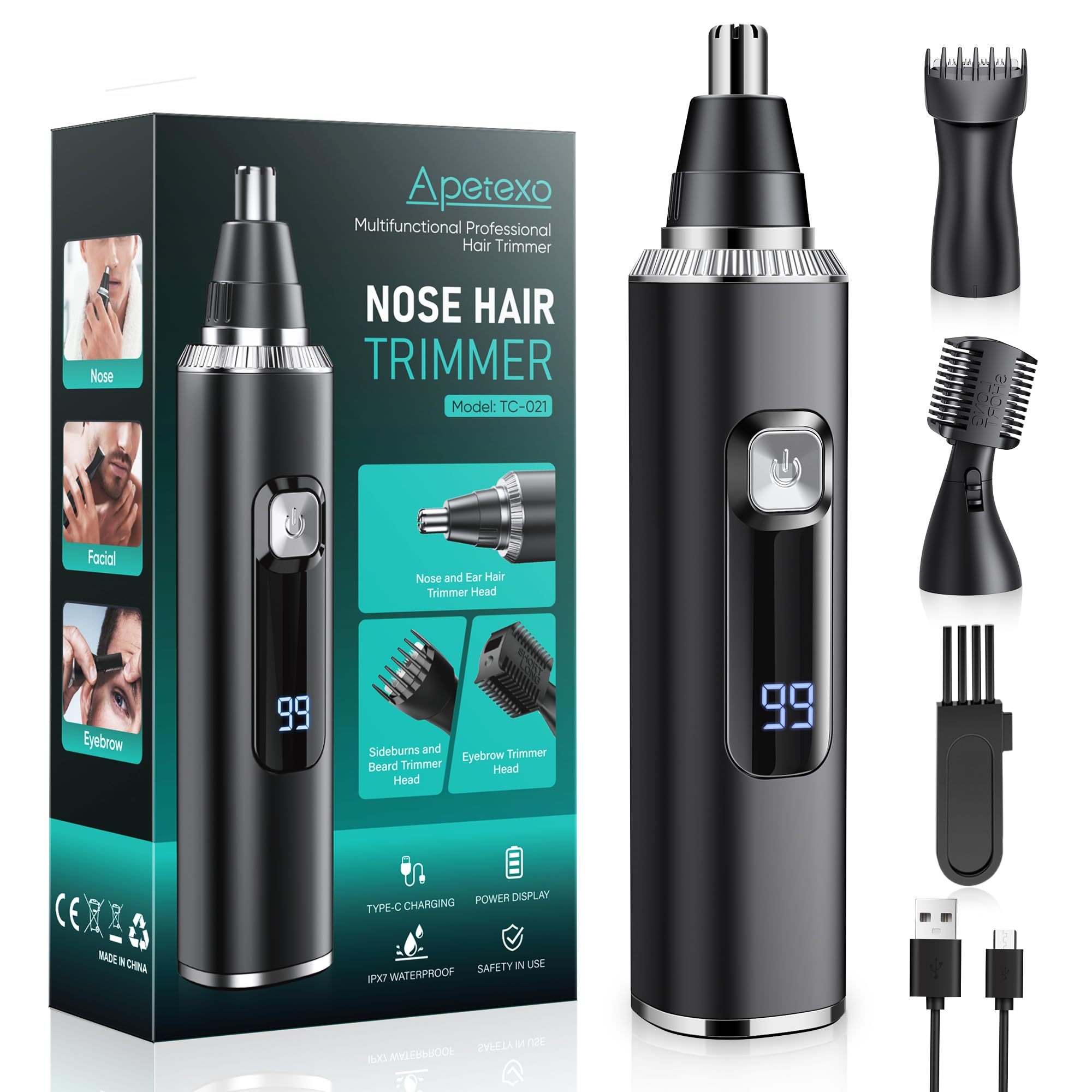 Apetexo Nose Hair Trimmer for Men and Women, Type-C Rechargeable Precision Groomer with Double-Edged Blades, Painless & IPX7 Waterproof Design for Nose, Ears, Eyebrows and Facial Hair - Black