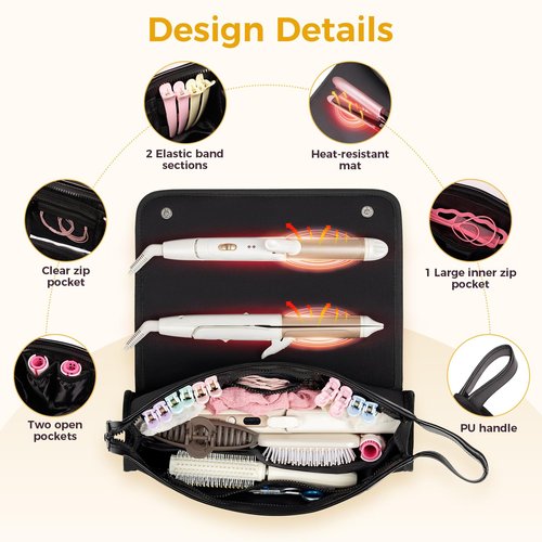 JKAOO Hair Tools Travel Bag and Heat Resistant Mat, 2 in 1 Portable Organizer Hair Travel Case for Curling Iron, Hair Straightener, Flat Irons, PU Hangable Handle, Neoprene (Elegant Black)