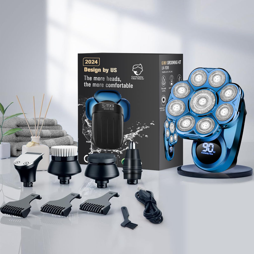 9D Electric Head Shaver for Bald Men, Upgraded 5-in-1 Waterproof Wet/Dry Grooming Kit Electric Shaver for Men, Cordless Rechargeable Bald Head Razor for Home&Travel