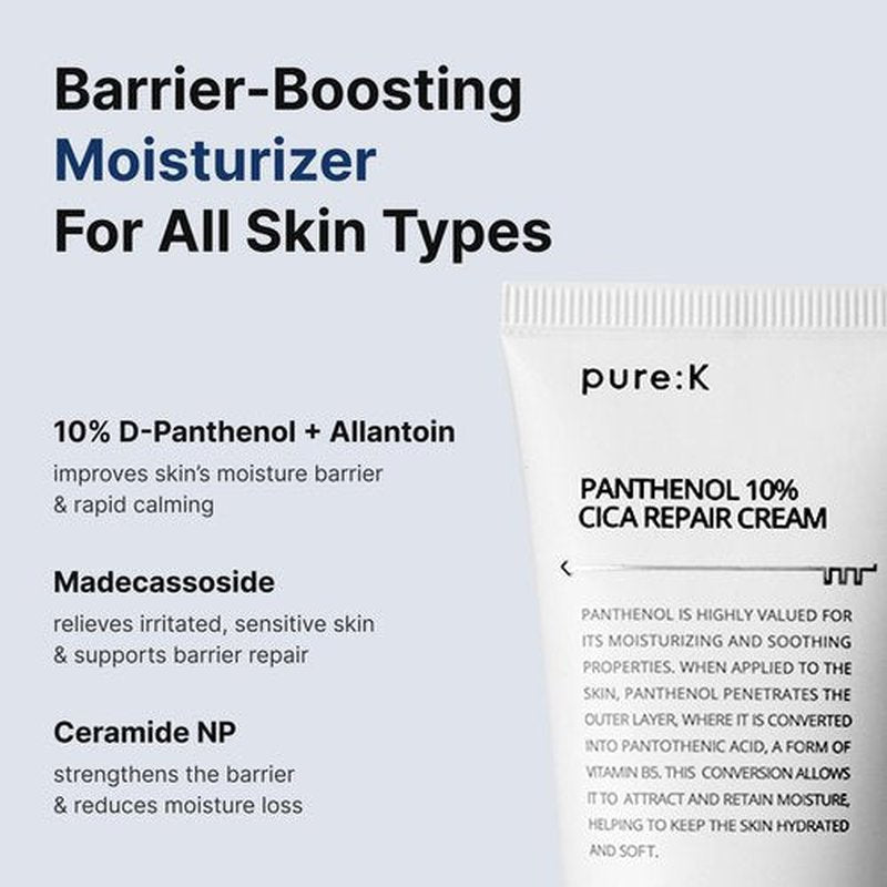 PURE K Panthenol 10% CICA Repair Cream - Intensive Barrier Recovery - Soothing Moisturizer for Sensitive, Damaged Skin, Redness & Post-Acne Repair, Korean Skincare (2.7 Fl Oz / 80ml)