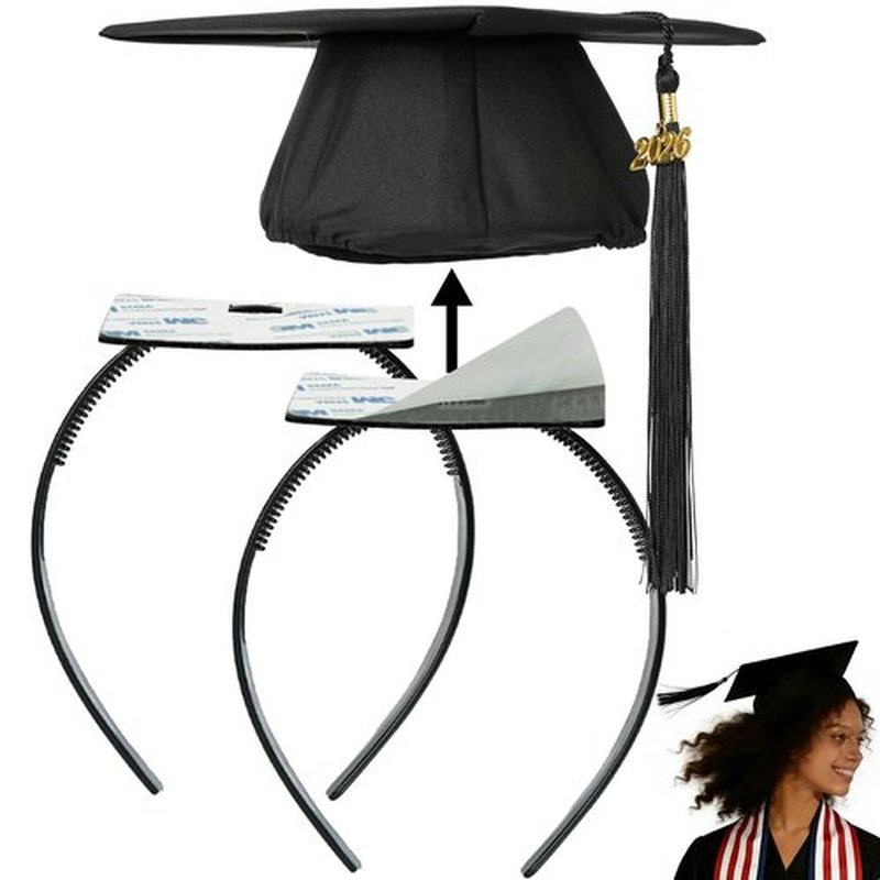 2pcs Black Graduation Cap Headband Insert - Anti-Fall Grad Cap Headband for Curly Hair Secures Graduation Hat,Keep Hairstyle for Graduation Day,Essential Graduation Accessories for Women & Men Student