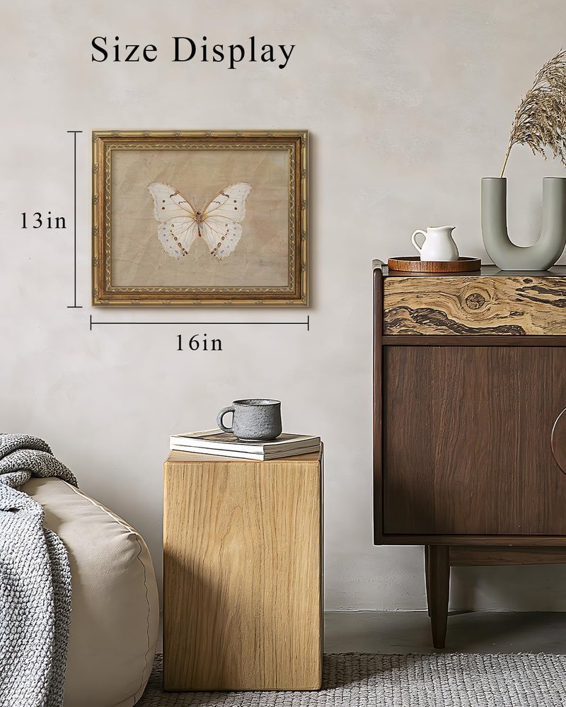 VIYYIEA Glass Gold Framed Wall Art - Vintage White Butterfly Canvas Decor for Home & Office | 13x16 Inch
