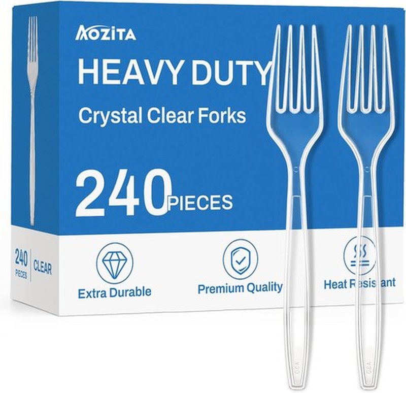Skiennix Extra Heavy Duty Clear Plastic Forks - 240 Count, BPA-Free & Heat Resistant Utensils for Events