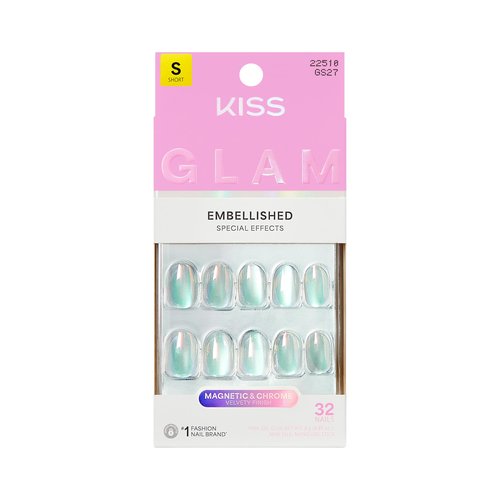 KISS GLAM Embellished Press On Nails Short, Celestique, Blue, Round, 32 Count