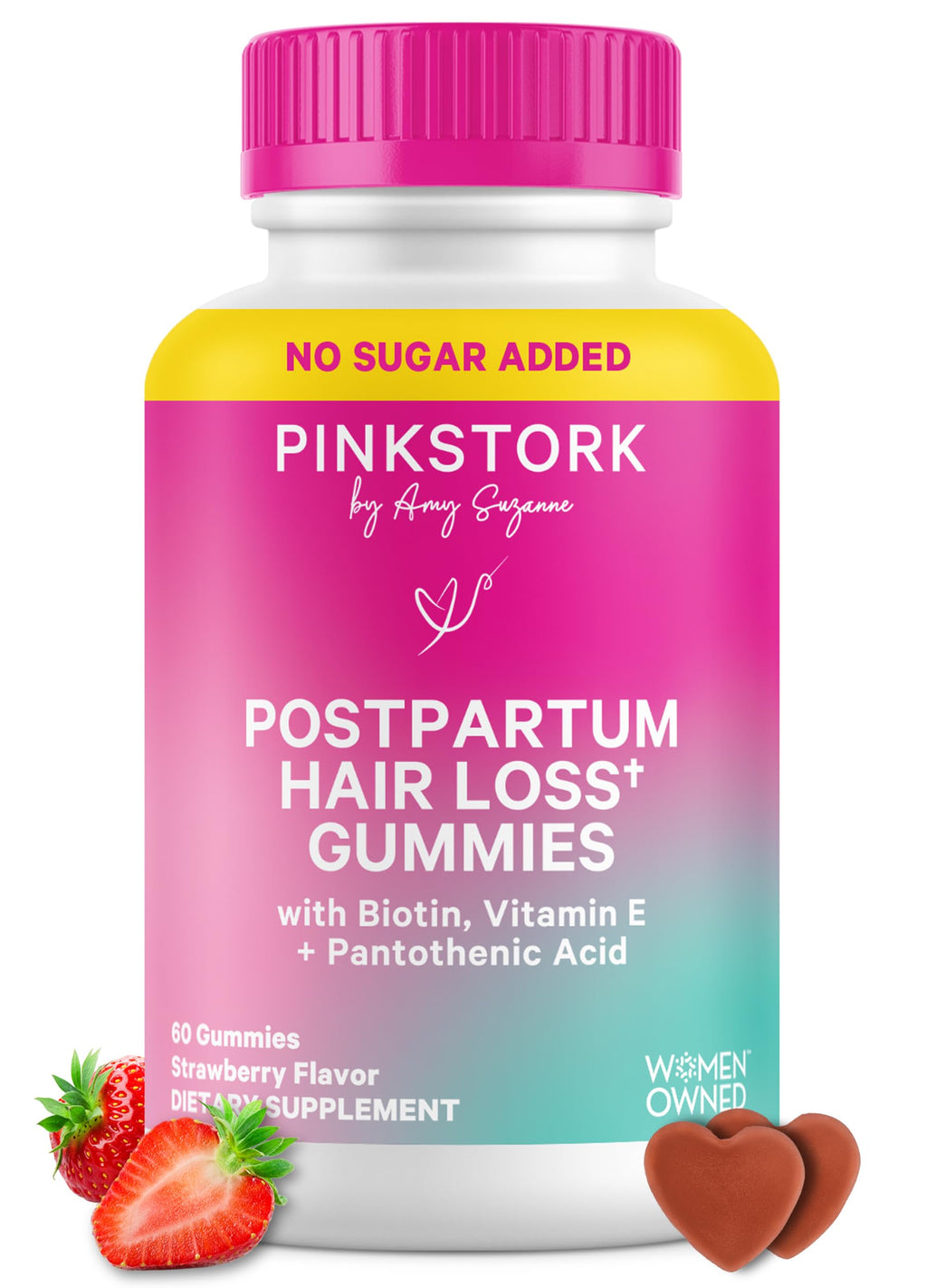 Pink Stork Postpartum Hair Loss Gummies | Biotin, Pantothenic Acid, Vitamin E, B6, B12 | Postnatal Hair Growth + Regrowth Support | Breastfeeding-Friendly | Postpartum Essentials | 60 Gummies